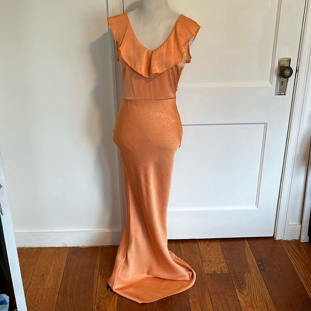 Orange floor length/ wedding guest dress
